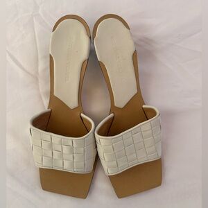 Bottega Veneta White Intrecciato Leather Square Toe Sandal kitten heel